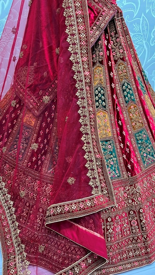 Double Dupatta lehenga choli in velvet  Multi color Patch Work
