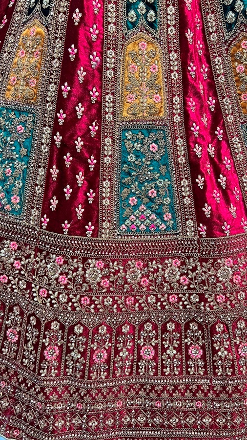 Double Dupatta lehenga choli in velvet  Multi color Patch Work