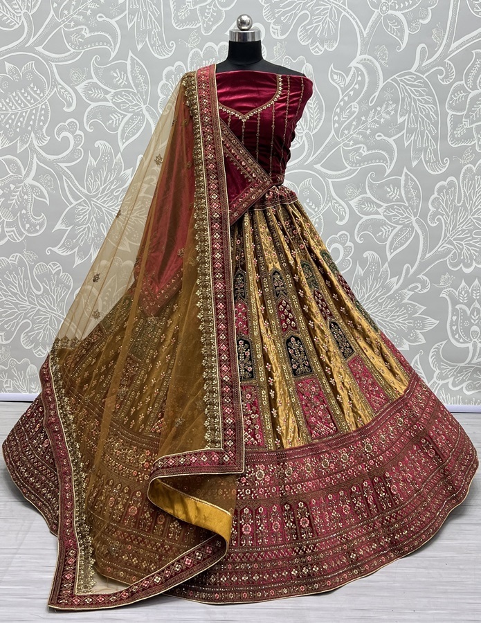 Double Dupatta lehenga choli in velvet  Multi color Patch Work