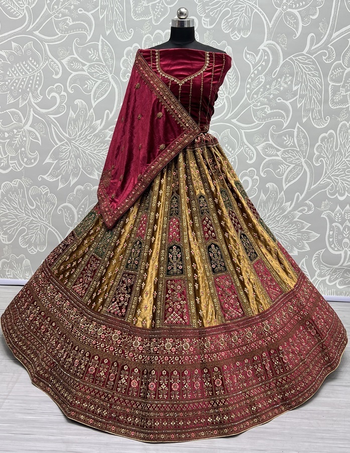 Double Dupatta lehenga choli in velvet  Multi color Patch Work