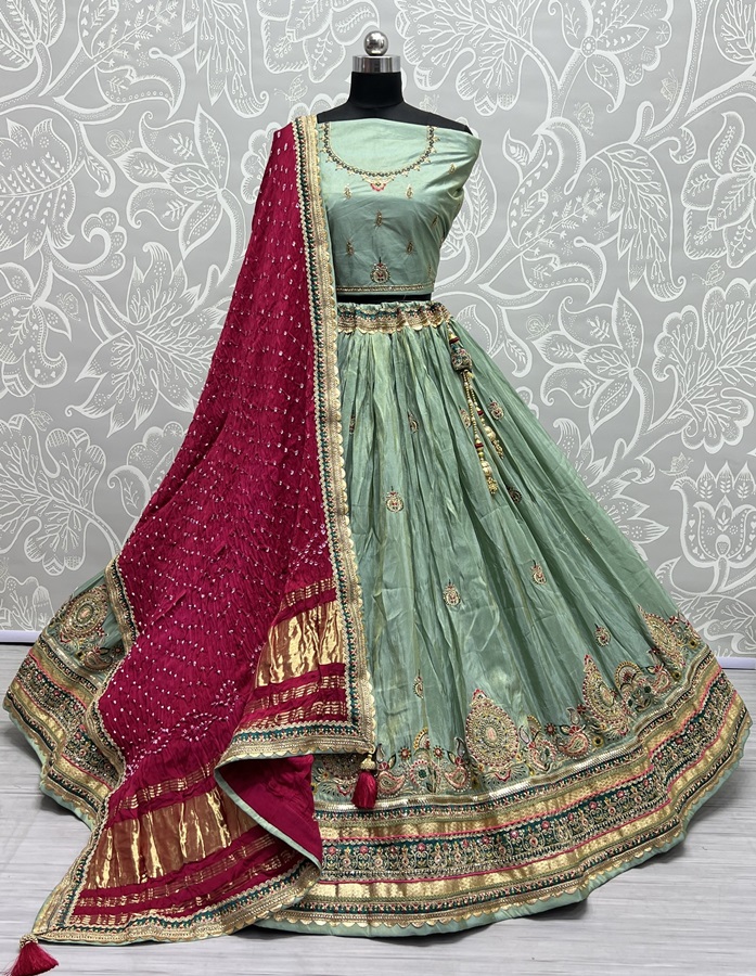 Pure Gajji silk Bandhani Dupatta and Gadhwal silk crafted Wedding Wear Lehengacholi 