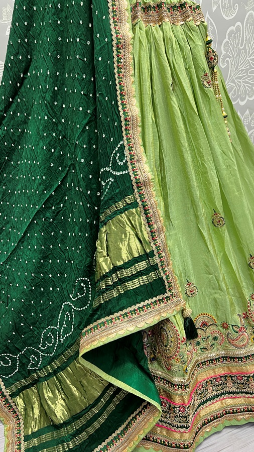 Pure Gajji silk Bandhani Dupatta and Gadhwal silk crafted Wedding Wear Lehengacholi 