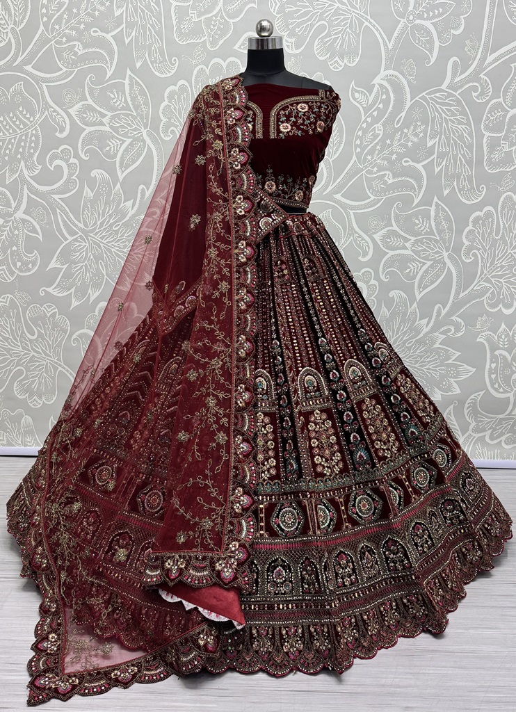Multi Thread and Red Dori Embroidery combine with Sequins work Velvet Lehenga Choli