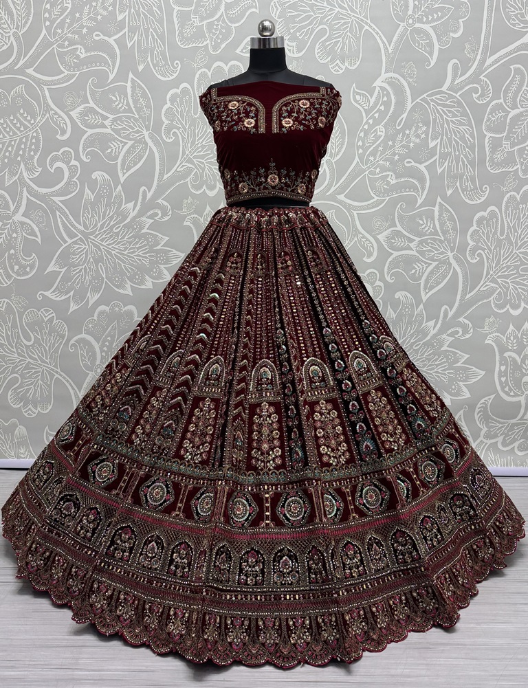 Multi Thread and Red Dori Embroidery combine with Sequins work Velvet Lehenga Choli