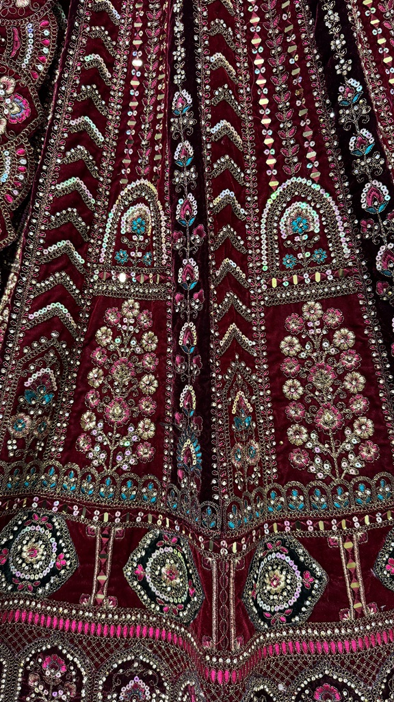 Multi Thread and Red Dori Embroidery combine with Sequins work Velvet Lehenga Choli