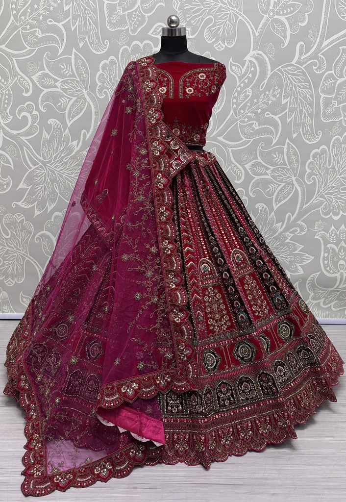 Multi Thread and Pink Dori Embroidery combine with Sequins work Velvet Lehenga Choli