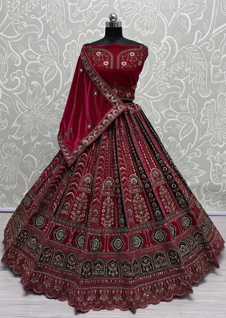 Multi Thread and Pink Dori Embroidery combine with Sequins work Velvet Lehenga Choli