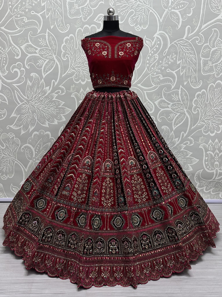 Multi Thread and Pink Dori Embroidery combine with Sequins work Velvet Lehenga Choli