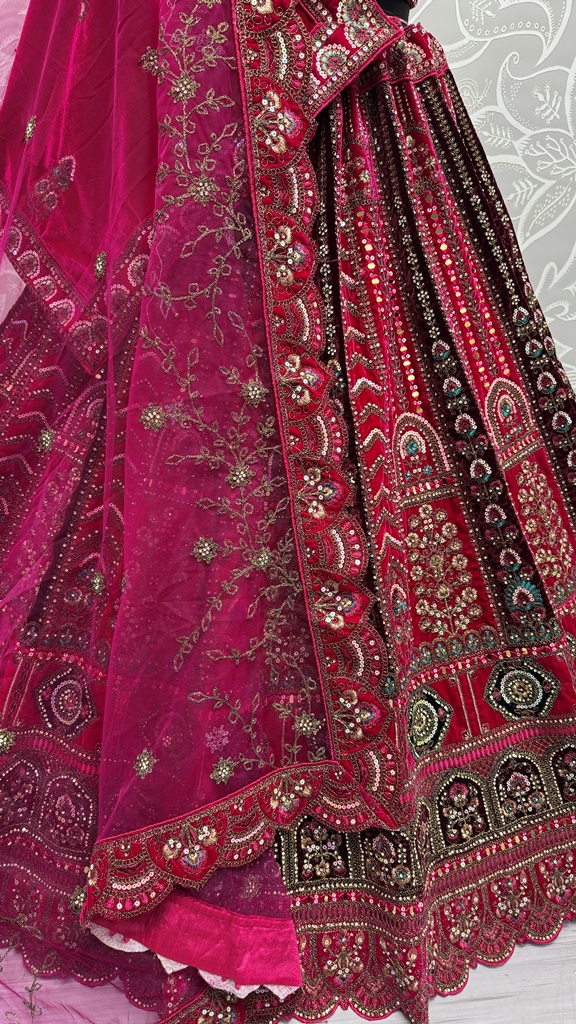 Multi Thread and Pink Dori Embroidery combine with Sequins work Velvet Lehenga Choli