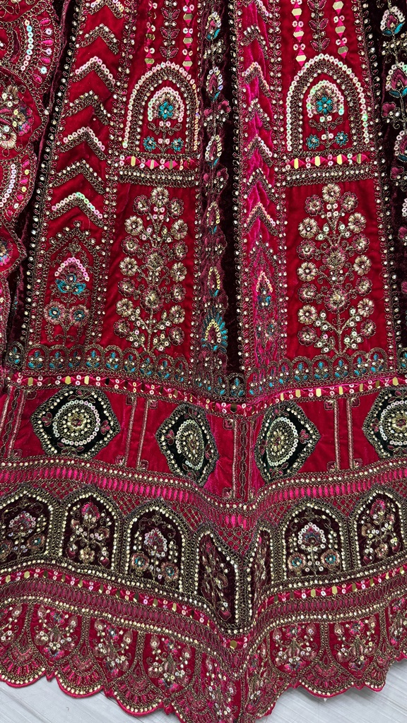 Multi Thread and Pink Dori Embroidery combine with Sequins work Velvet Lehenga Choli