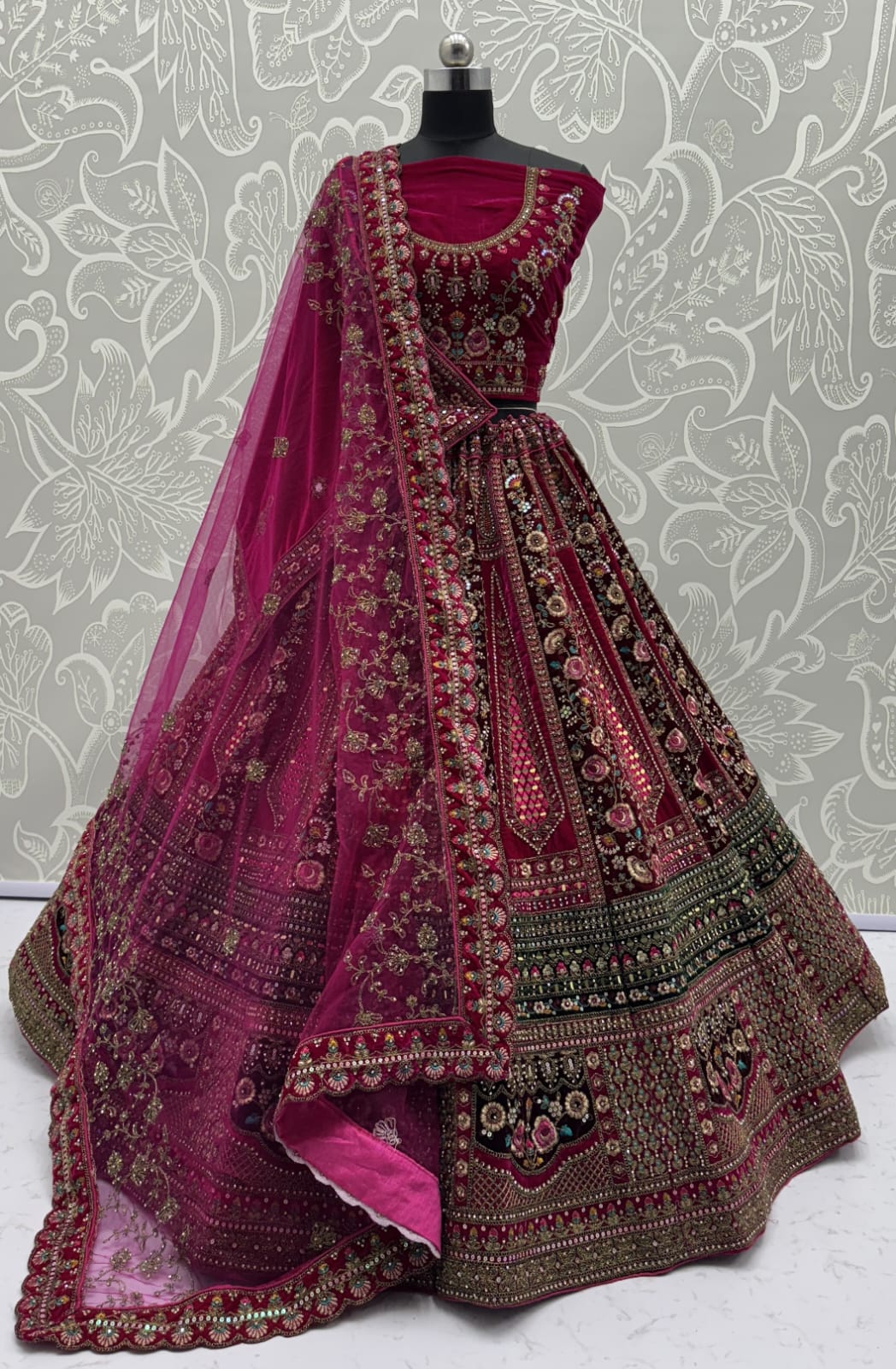 Double Pink Maroon dupatta combined With excellent flower Embroidery and Hand crafted mirror work designed Bridal Lehenga choli 
