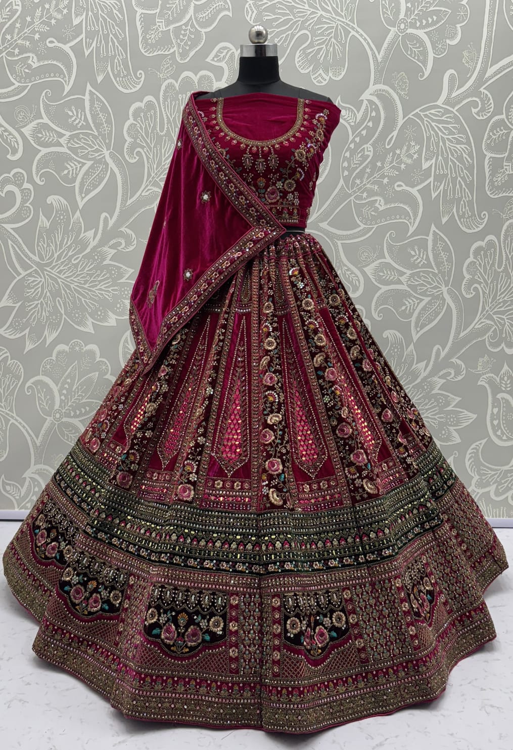Double Pink Maroon dupatta combined With excellent flower Embroidery and Hand crafted mirror work designed Bridal Lehenga choli 