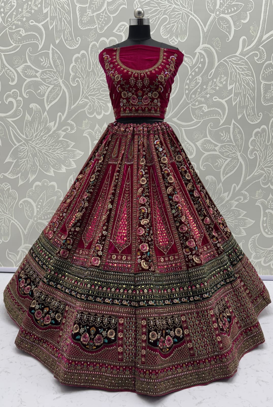 Double Pink Maroon dupatta combined With excellent flower Embroidery and Hand crafted mirror work designed Bridal Lehenga choli 