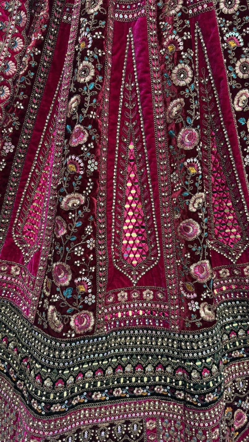 Double Pink Maroon dupatta combined With excellent flower Embroidery and Hand crafted mirror work designed Bridal Lehenga choli 