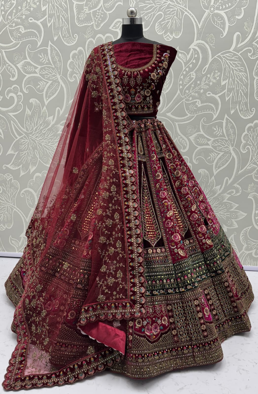 Double dupatta combined With excellent flower Embroidery and Hand crafted mirror work designed Bridal Lehenga choli 