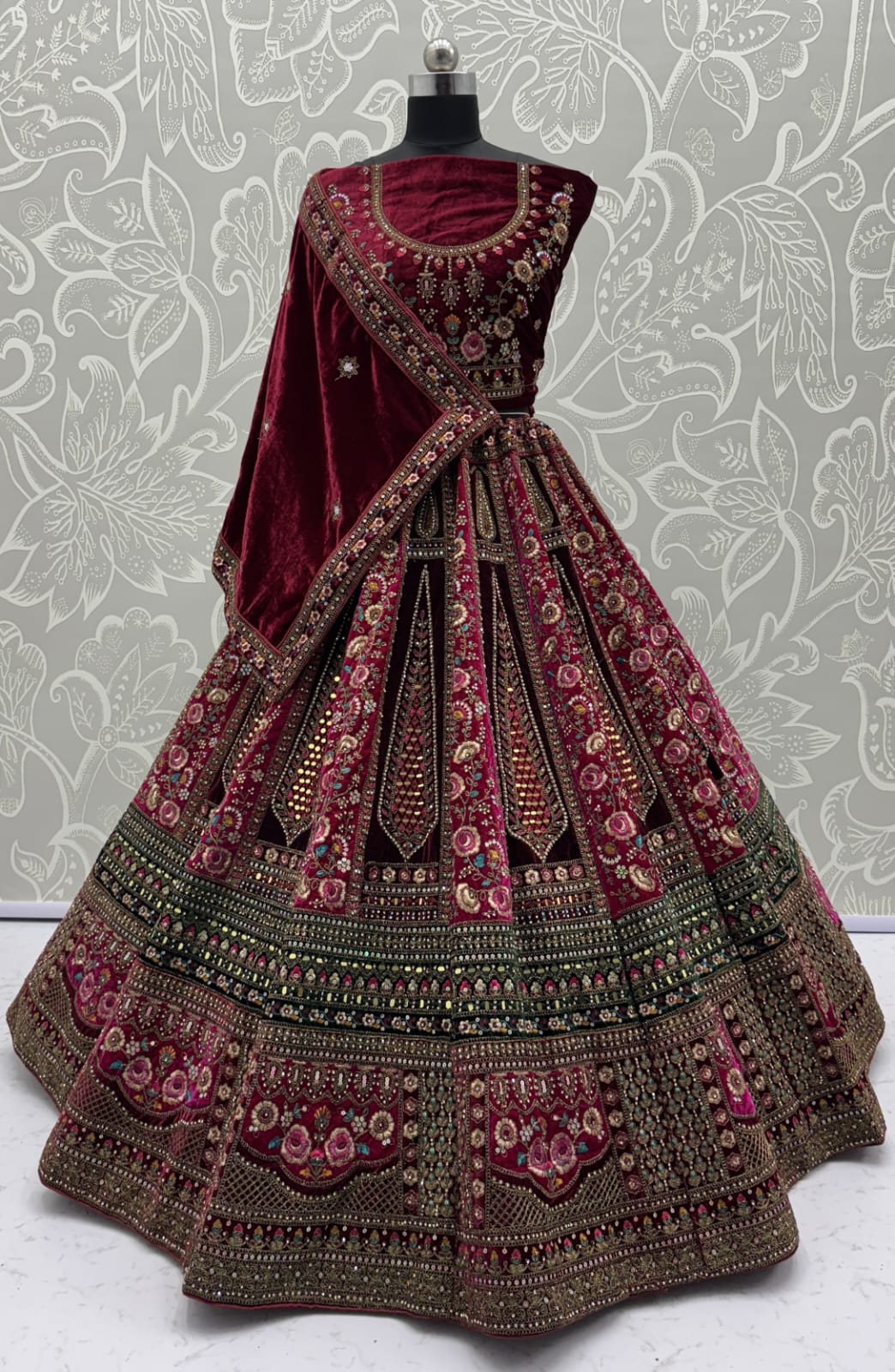 Double dupatta combined With excellent flower Embroidery and Hand crafted mirror work designed Bridal Lehenga choli 