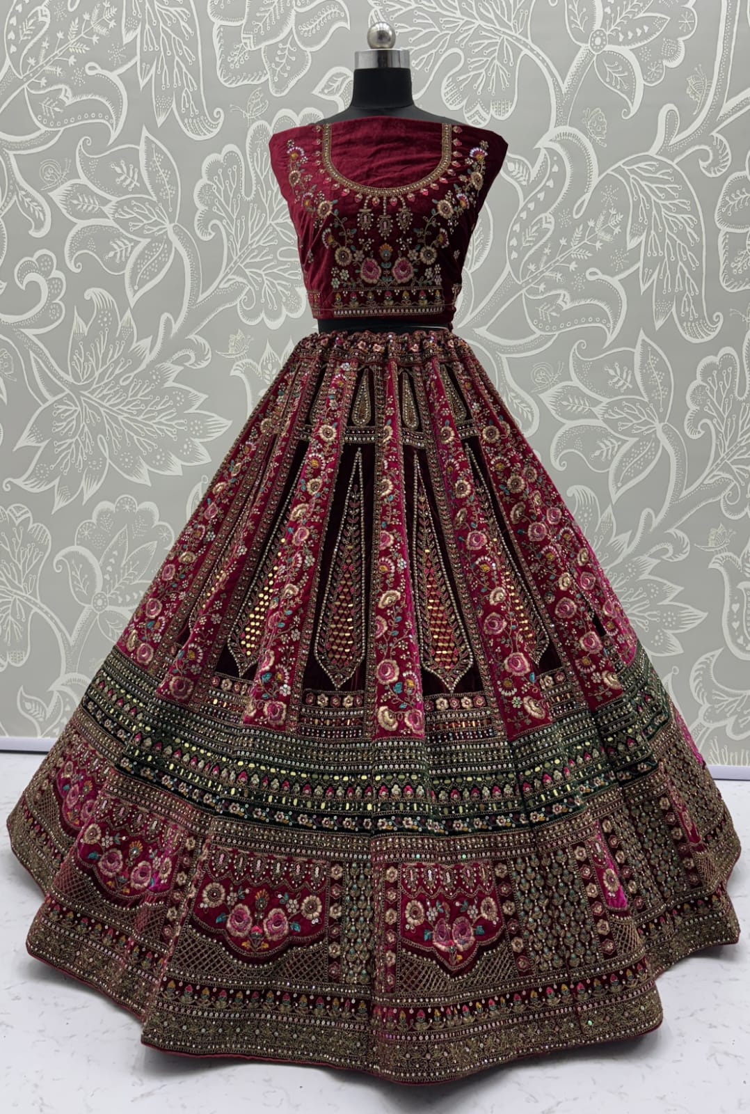 Double dupatta combined With excellent flower Embroidery and Hand crafted mirror work designed Bridal Lehenga choli 