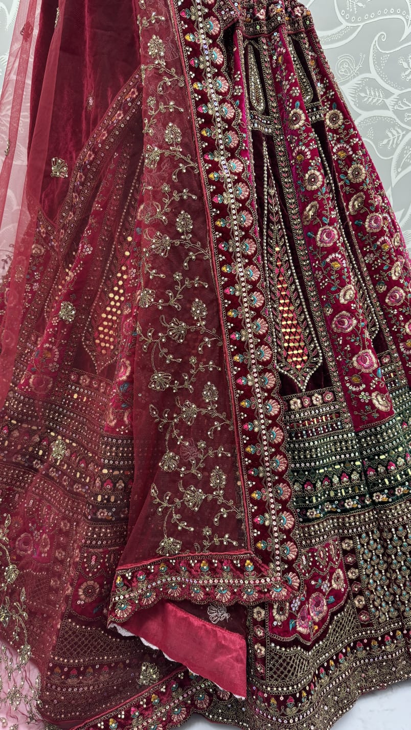 Double dupatta combined With excellent flower Embroidery and Hand crafted mirror work designed Bridal Lehenga choli 