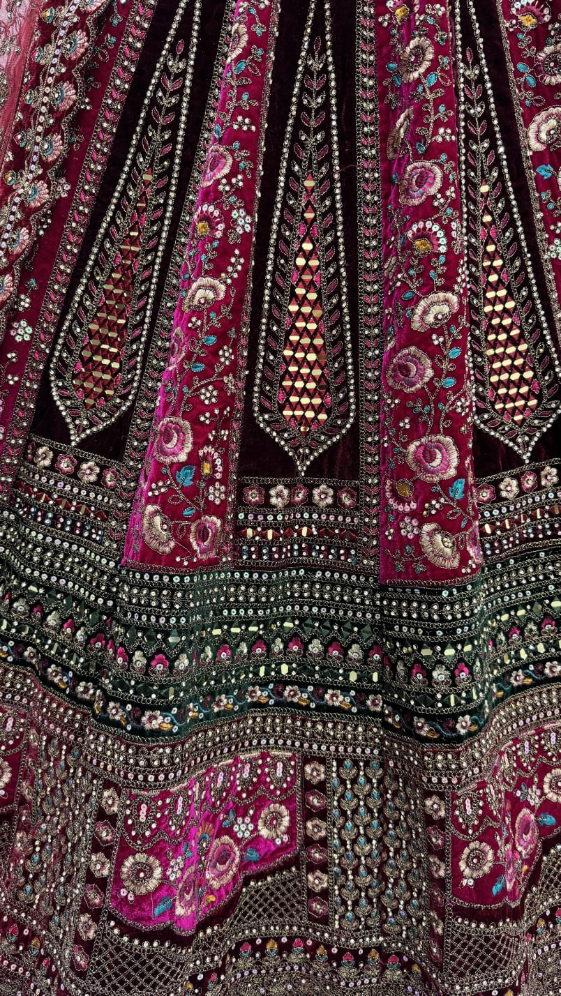 Double dupatta combined With excellent flower Embroidery and Hand crafted mirror work designed Bridal Lehenga choli 