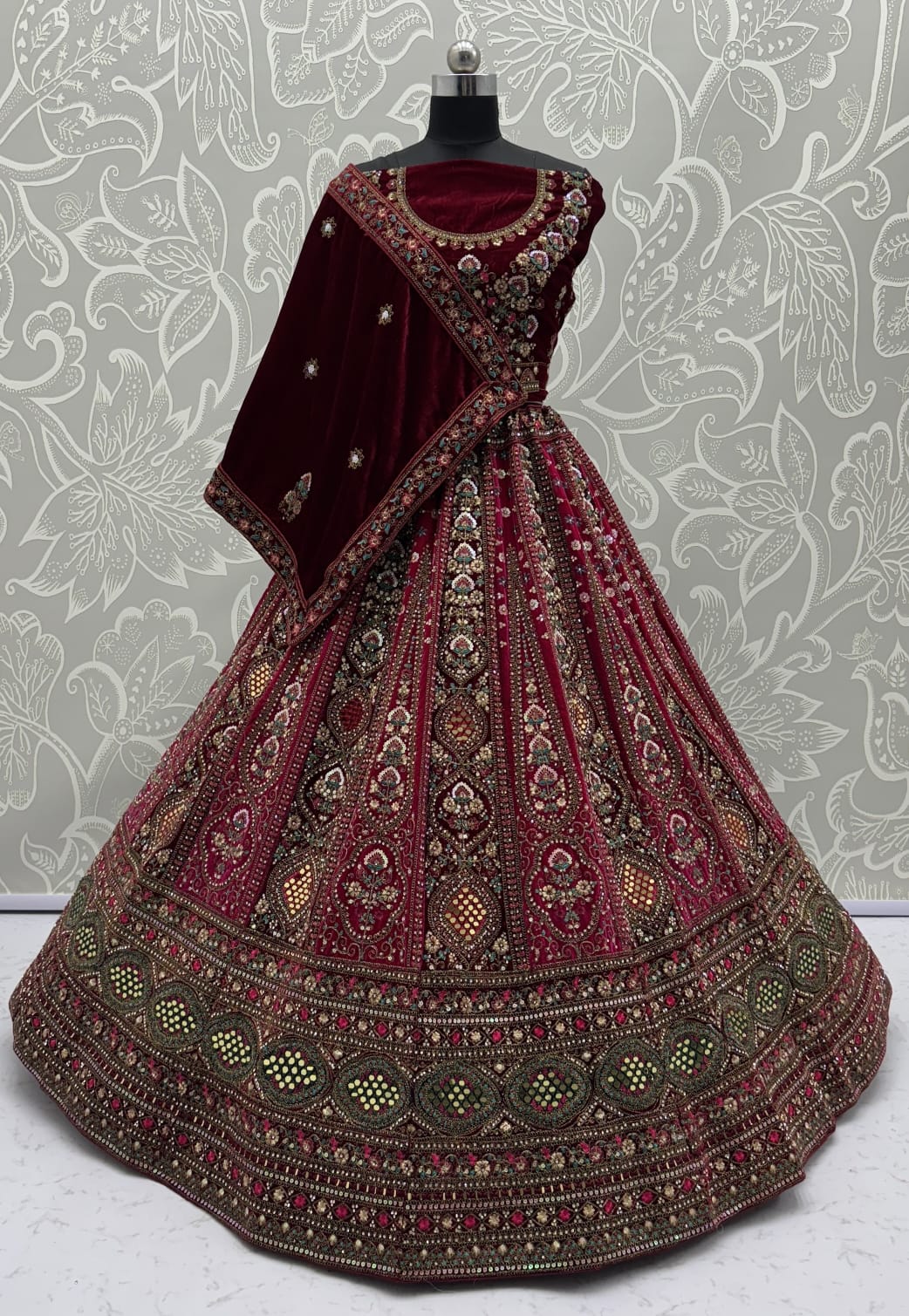 Stunning Maroon Hand Mirror and Sequins Embroidery Designer Lehenga Choli 