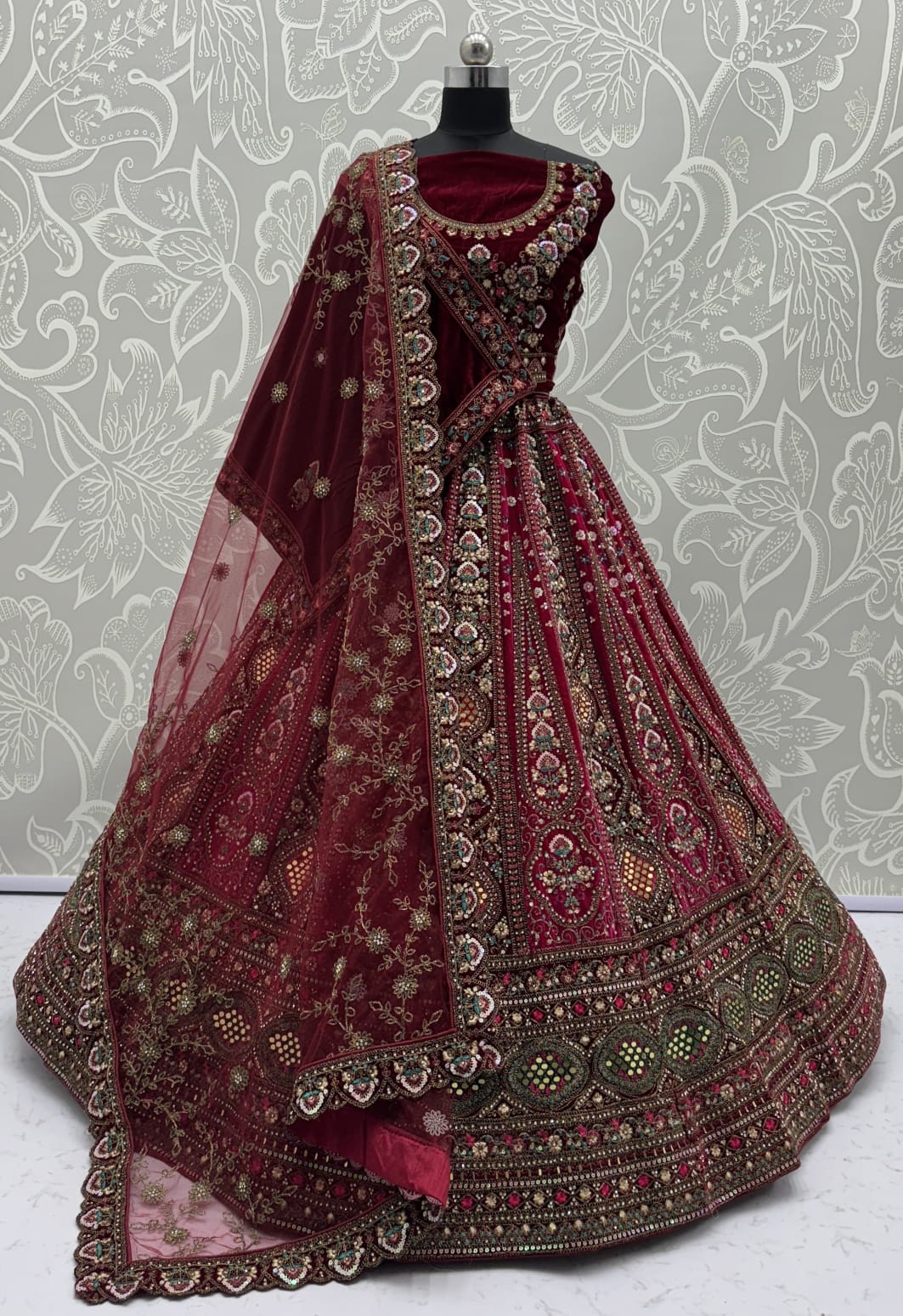 Stunning Maroon Hand Mirror and Sequins Embroidery Designer Lehenga Choli 