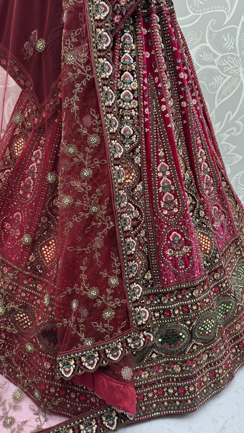 Stunning Maroon Hand Mirror and Sequins Embroidery Designer Lehenga Choli 