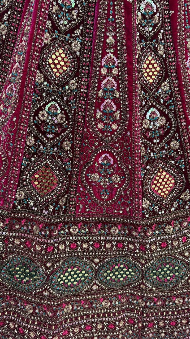 Stunning Maroon Hand Mirror and Sequins Embroidery Designer Lehenga Choli 