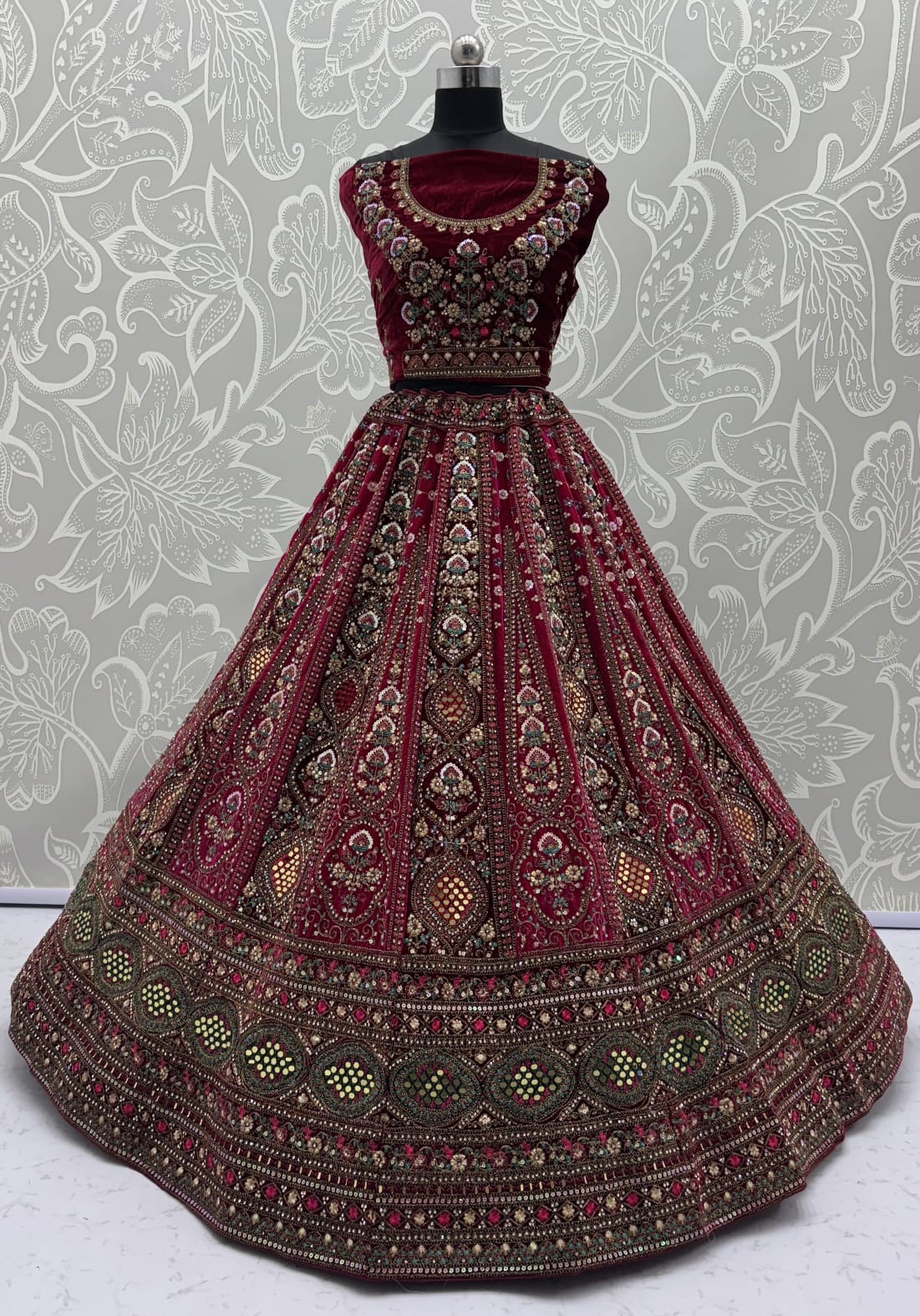 Stunning Maroon Hand Mirror and Sequins Embroidery Designer Lehenga Choli 