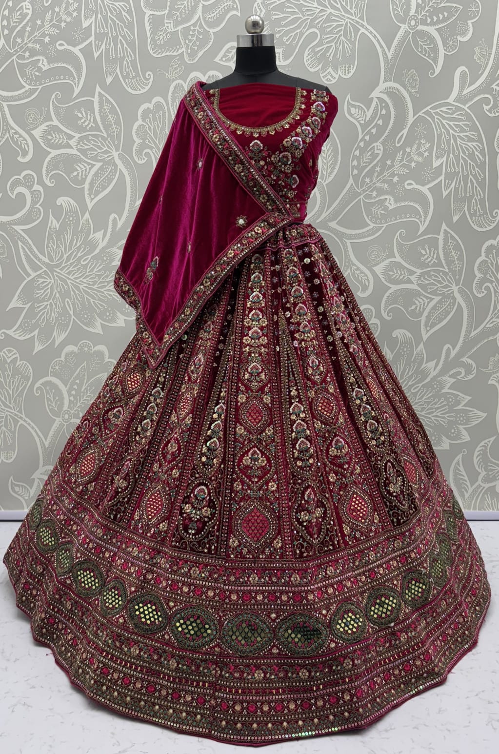Stunning Dark Maroon Hand Mirror and Sequins Embroidery Designer Lehenga Choli 