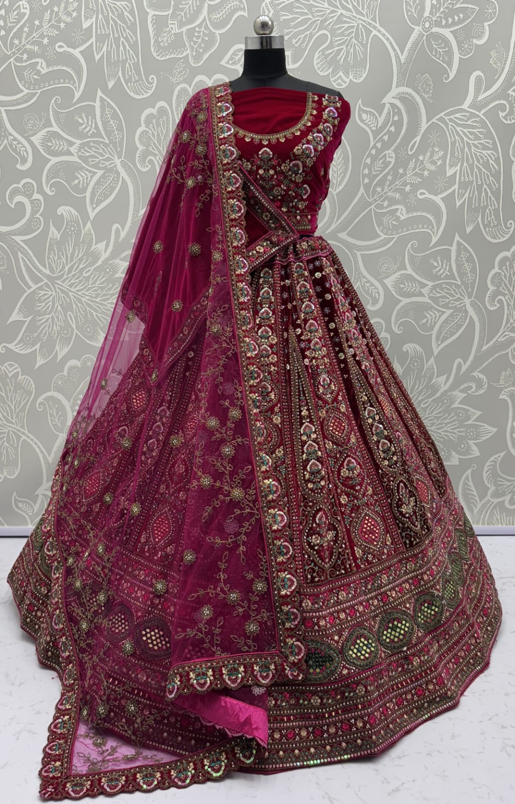 Stunning Dark Maroon Hand Mirror and Sequins Embroidery Designer Lehenga Choli 