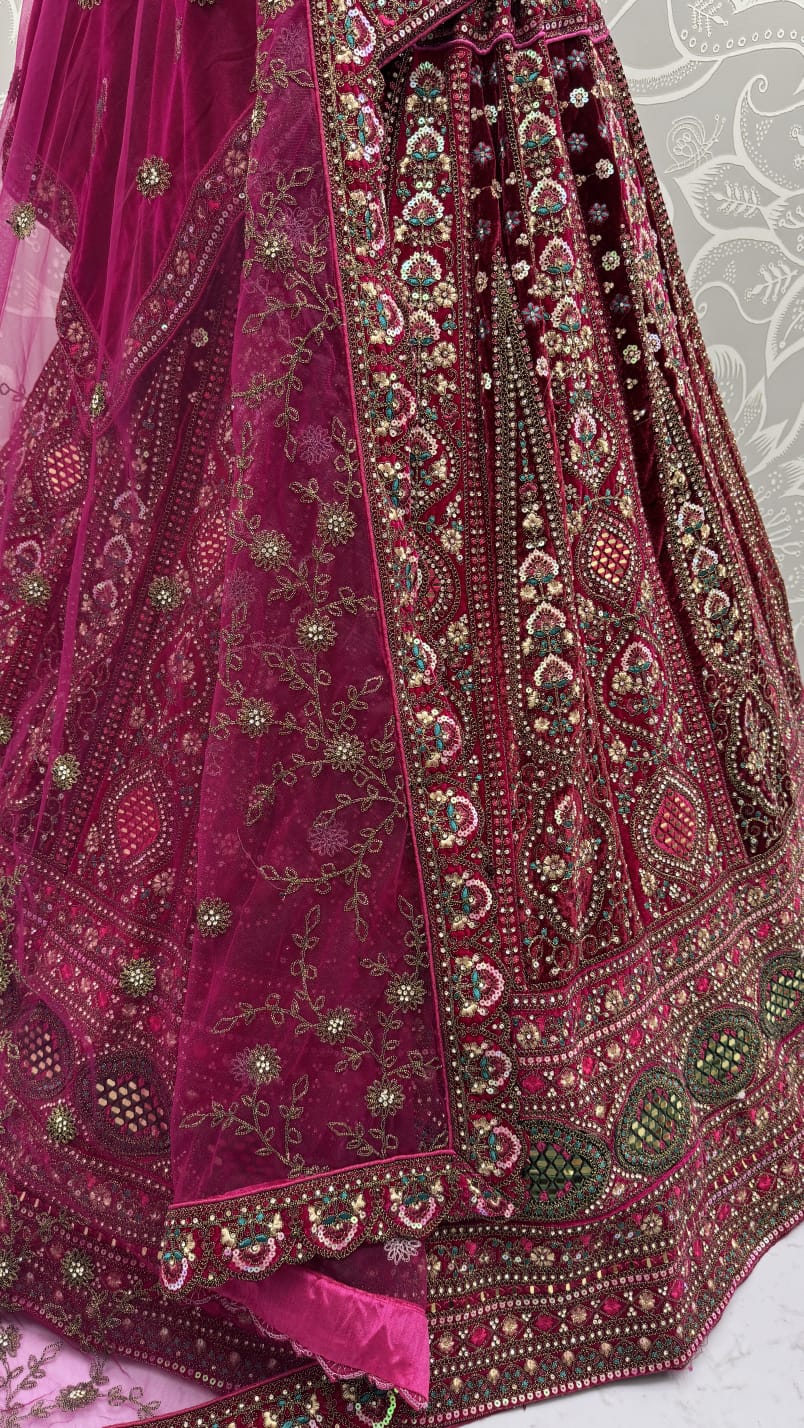 Stunning Dark Maroon Hand Mirror and Sequins Embroidery Designer Lehenga Choli 