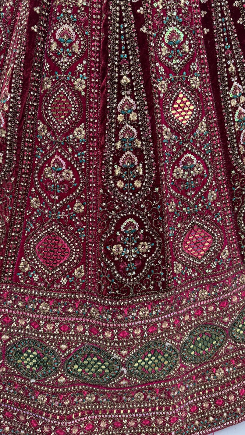 Stunning Dark Maroon Hand Mirror and Sequins Embroidery Designer Lehenga Choli 