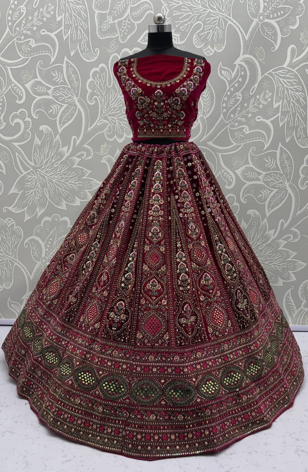 Stunning Dark Maroon Hand Mirror and Sequins Embroidery Designer Lehenga Choli 