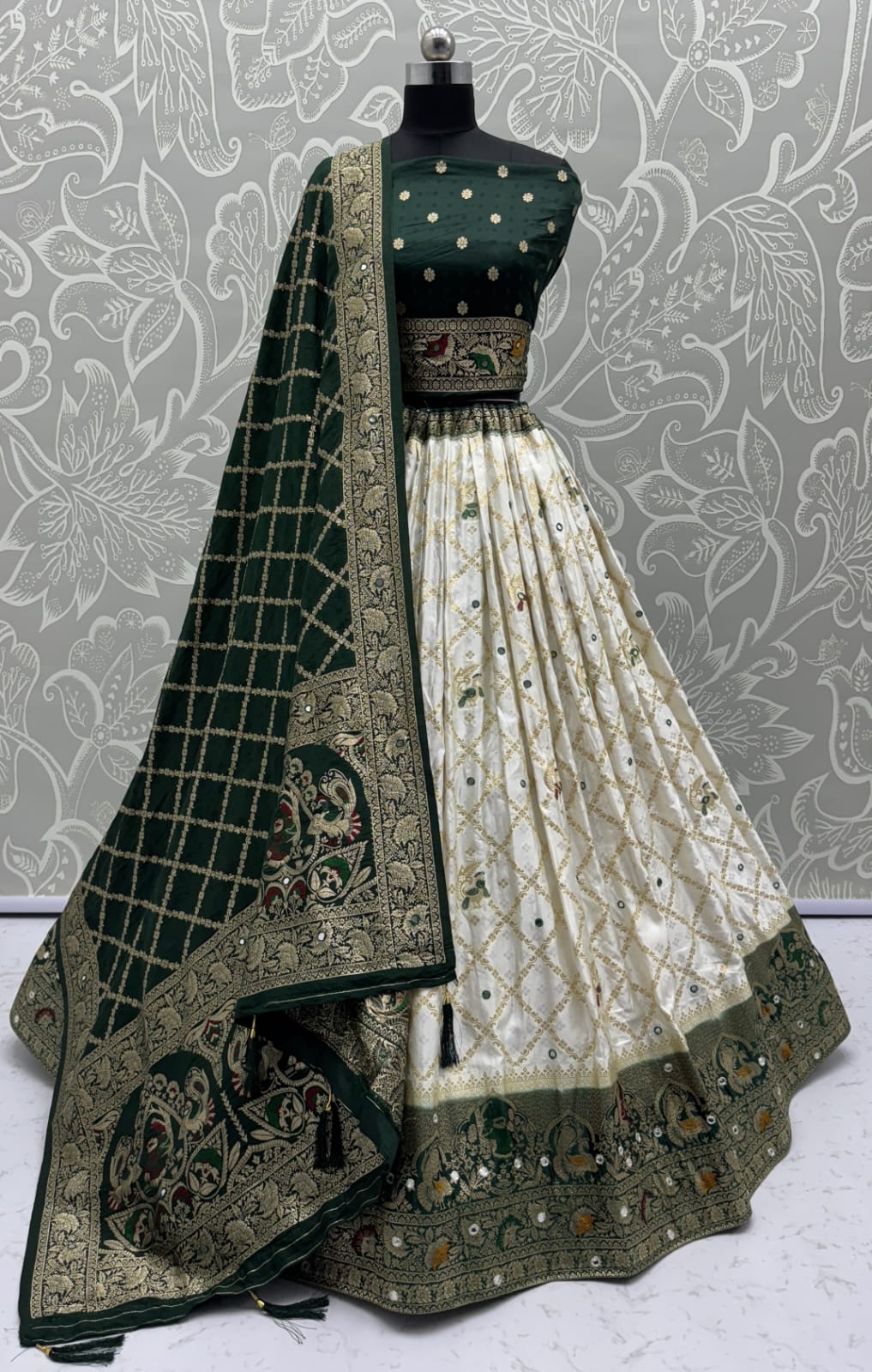 Elegant Look Ivory Green Georgette Satin Fabric Crafted Lehenga Choli for this Wedding Season