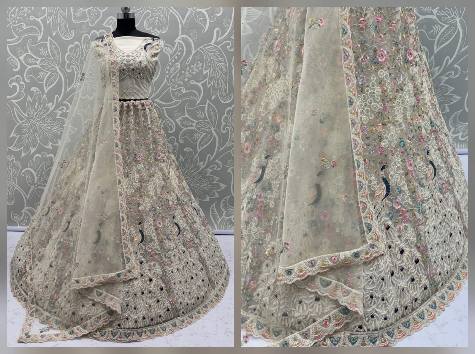 Stunning Peacock white Embroidered Crafted Partywear Lehenga Choli with dupatta and blouse 