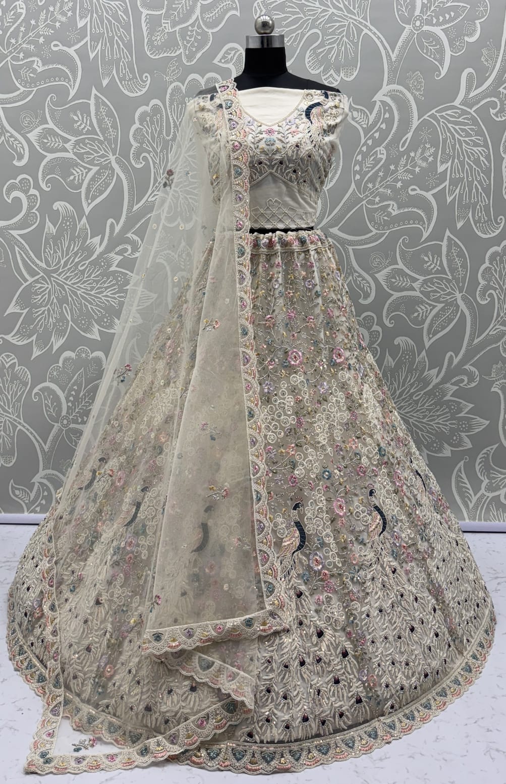 Stunning Peacock white Embroidered Crafted Partywear Lehenga Choli with dupatta and blouse 
