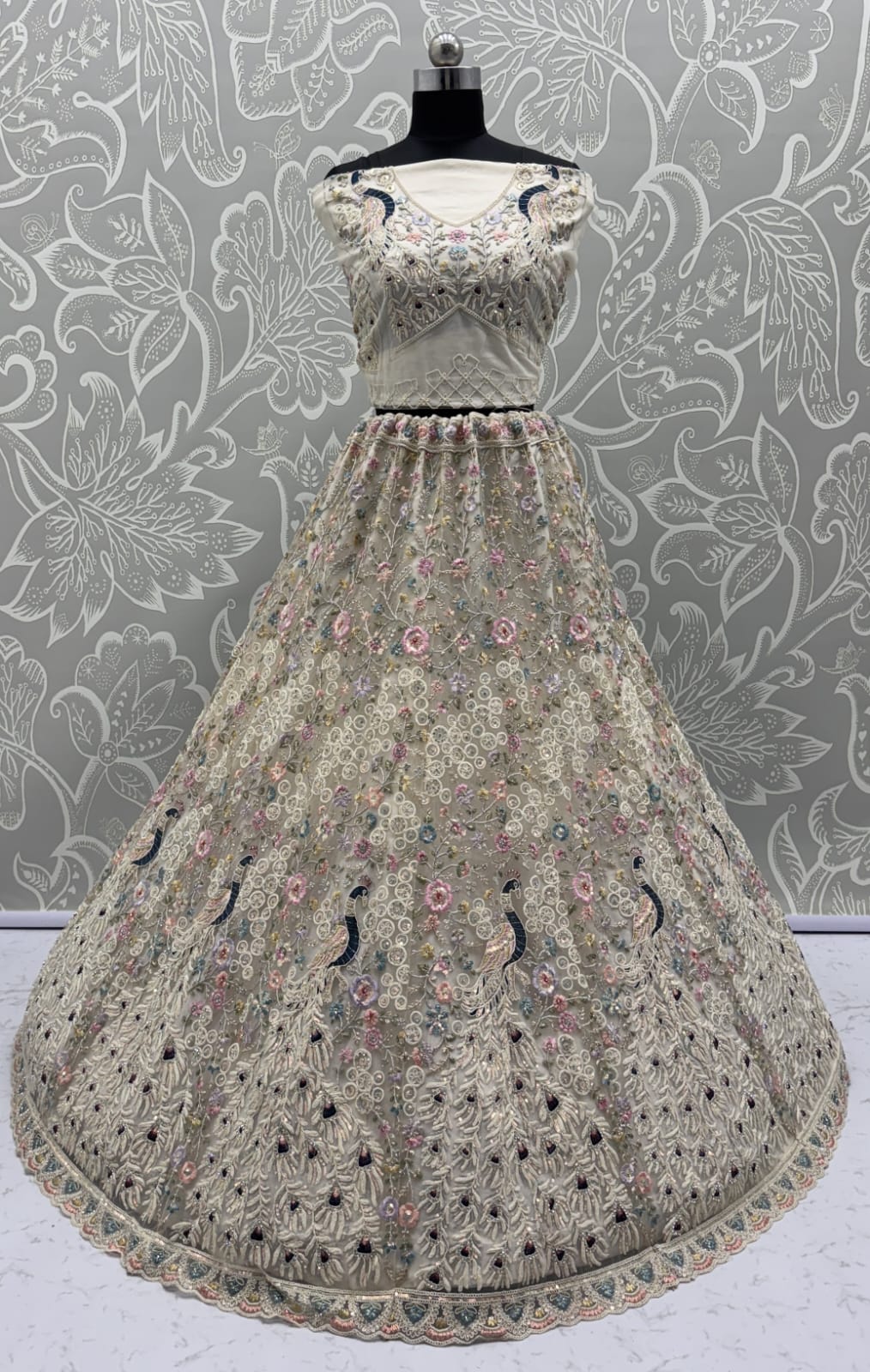 Stunning Peacock white Embroidered Crafted Partywear Lehenga Choli with dupatta and blouse 