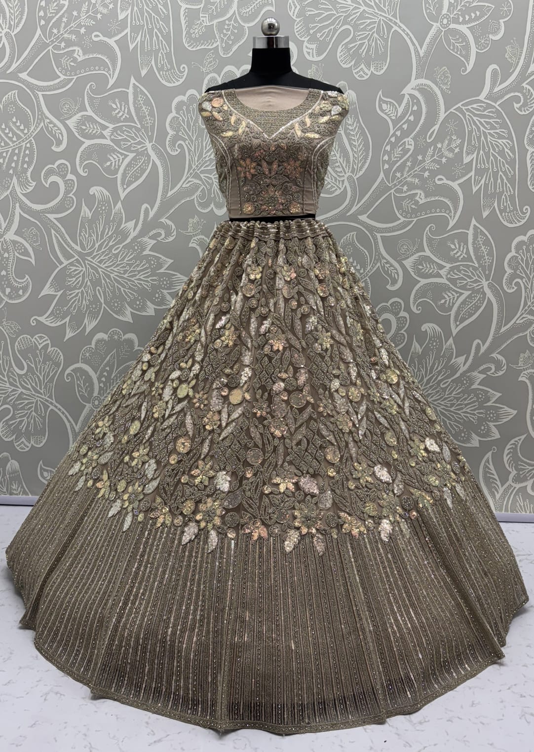 Eye-Catchy Golden Lehengacholi studded with zircon diamond and Full of Sequins work 