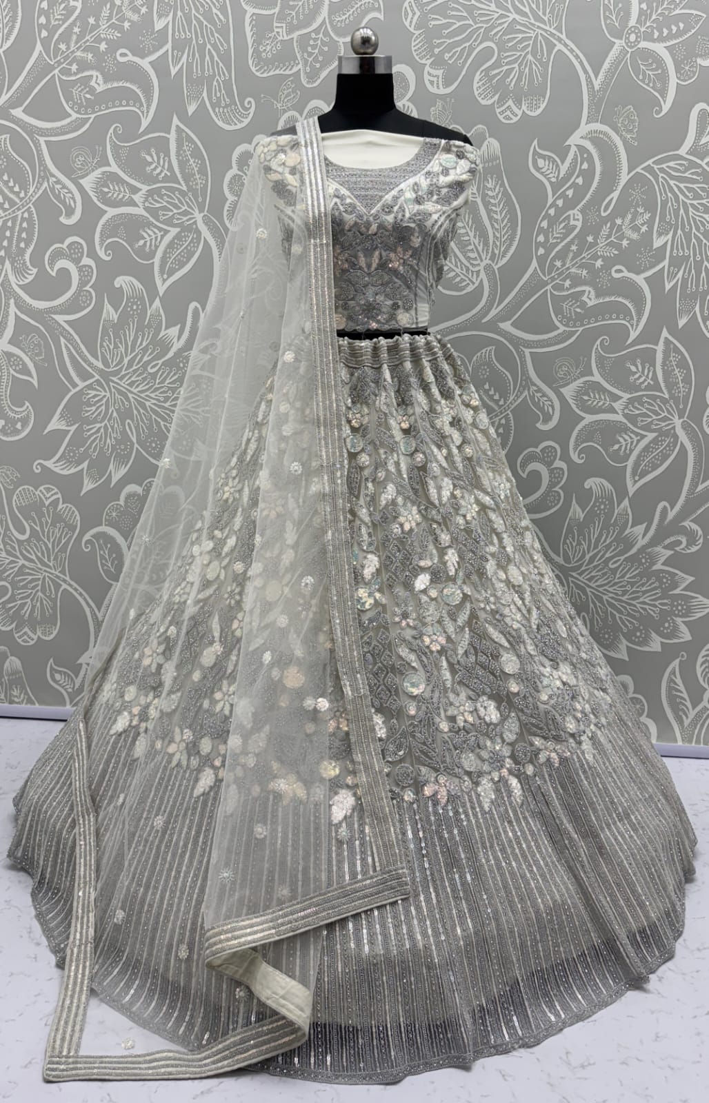 Eye-Catchy Silver Grey Lehengacholi studded with zircon diamond and Full of Sequins work 