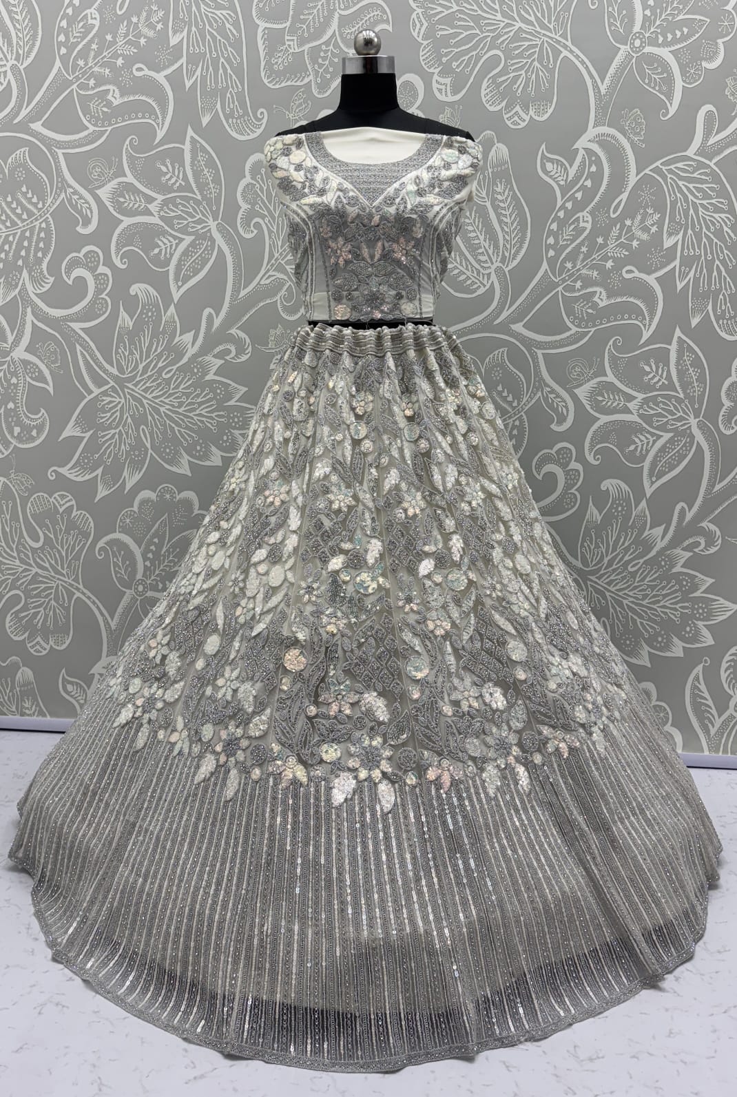 Eye-Catchy Silver Grey Lehengacholi studded with zircon diamond and Full of Sequins work 