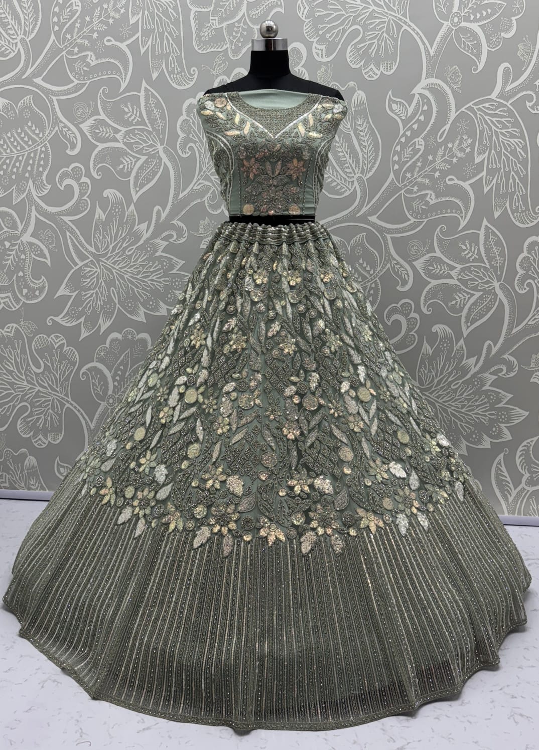 Eye-Catchy Olive Green Lehengacholi studded with zircon diamond and Full of Sequins work 