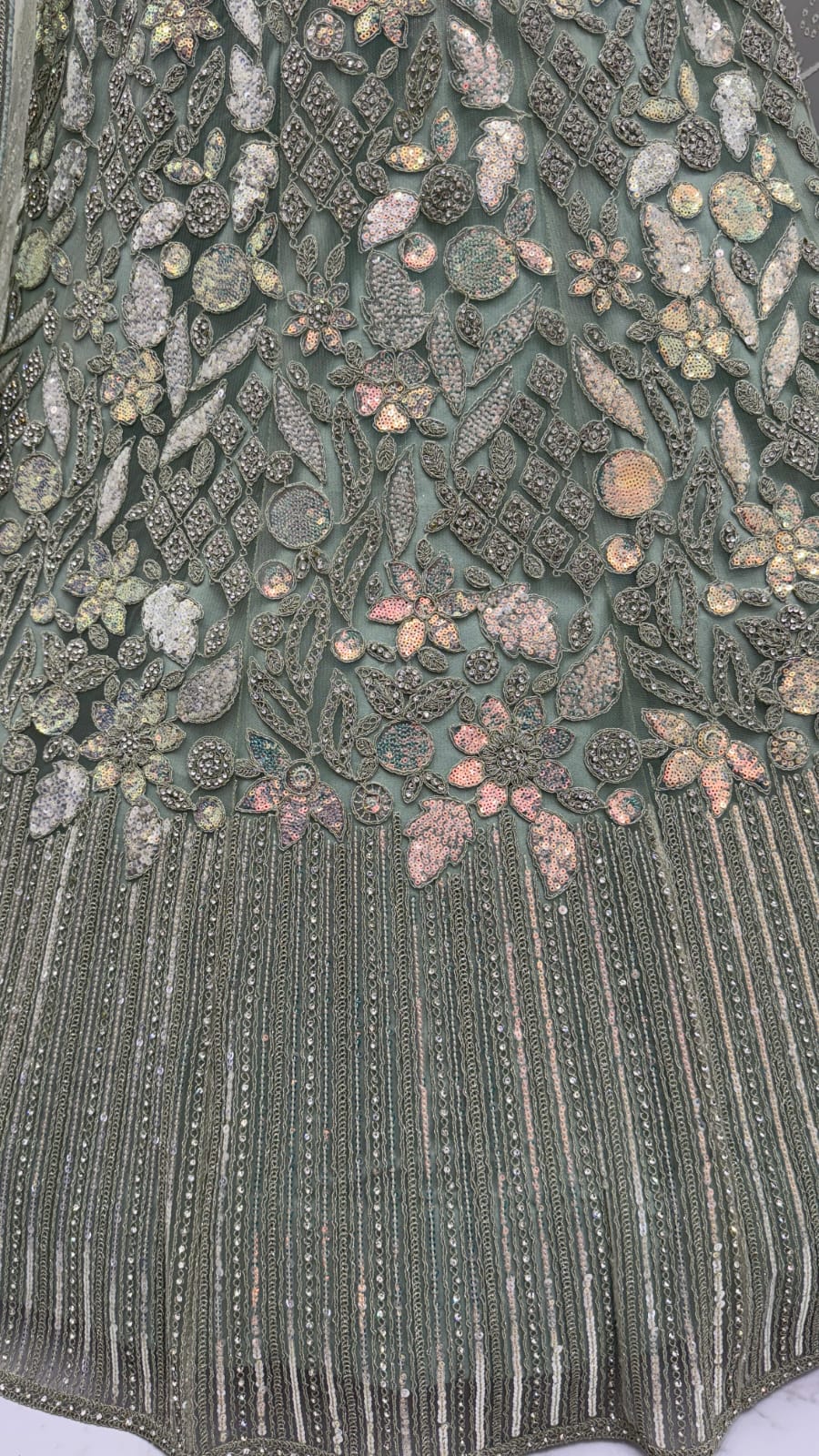 Eye-Catchy Olive Green Lehengacholi studded with zircon diamond and Full of Sequins work 