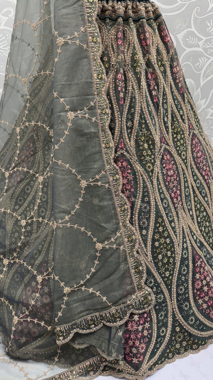 Abstinent Olive Green Art of Work with Detailed Thread work Designer LehengaCholi perfect for reception wear