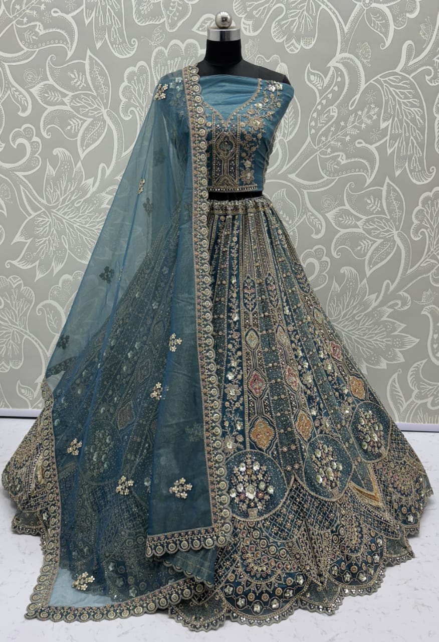Metalic Blue Embroidery on Vibrant Color Designer Partywear Lehengacholi 