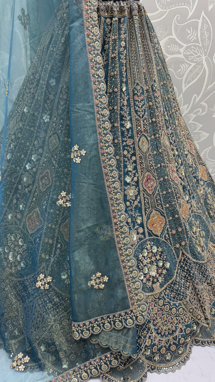 Metalic Blue Embroidery on Vibrant Color Designer Partywear Lehengacholi 