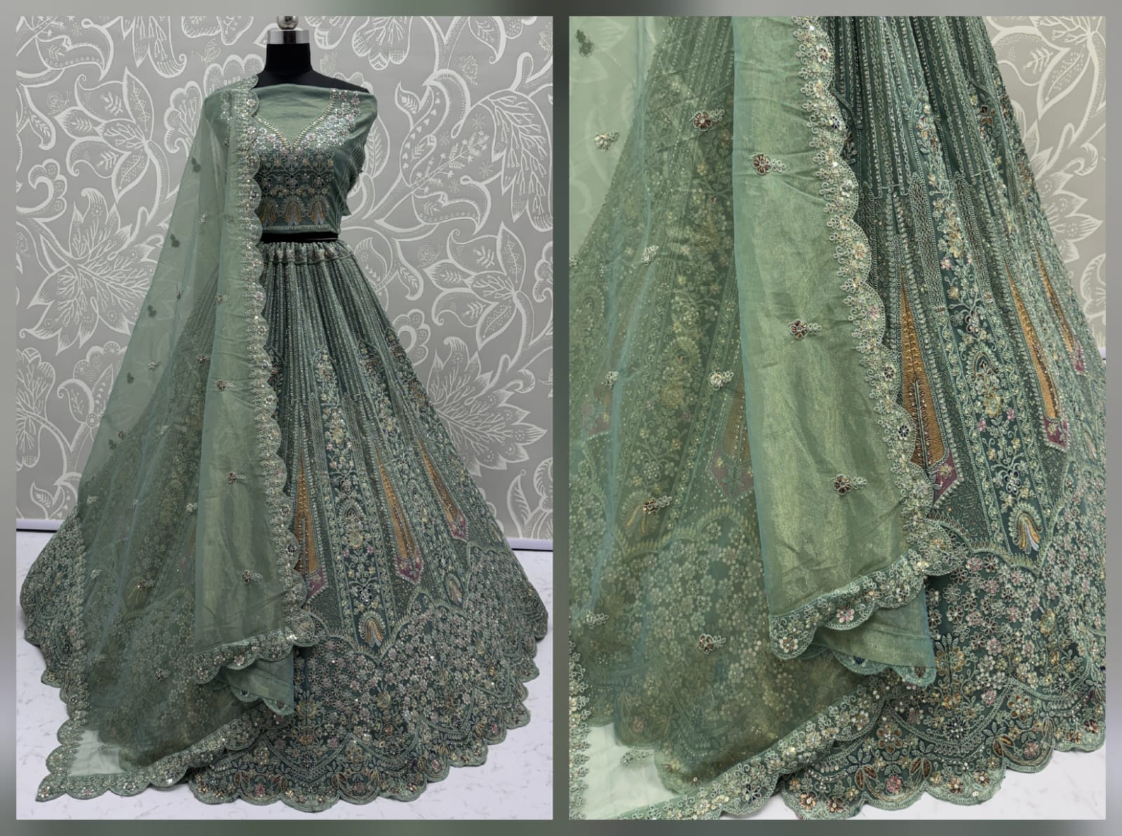 Partywear Green Bridal Net Lehengacholi 