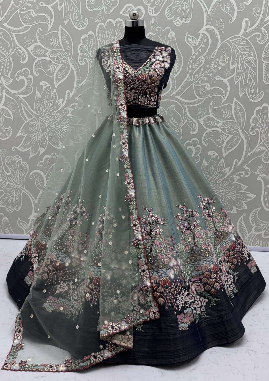 Eye-Catchy Blue Color Range Rainbow Shaded Sequins Work Partywear Lehengacholi 