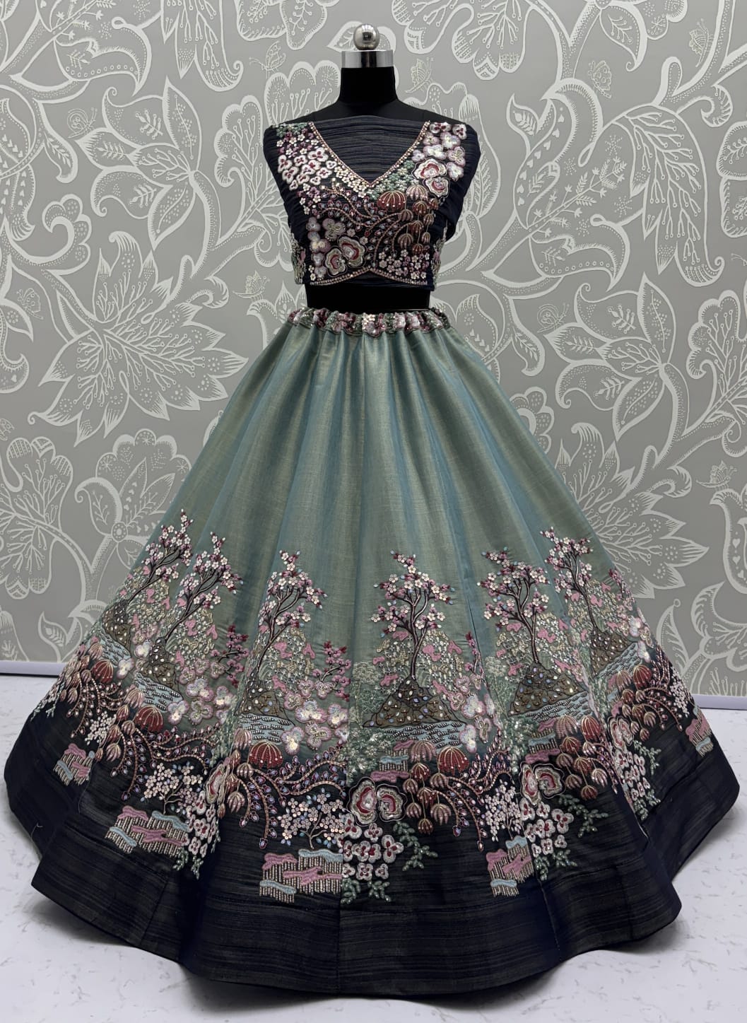 Eye-Catchy Blue Color Range Rainbow Shaded Sequins Work Partywear Lehengacholi 