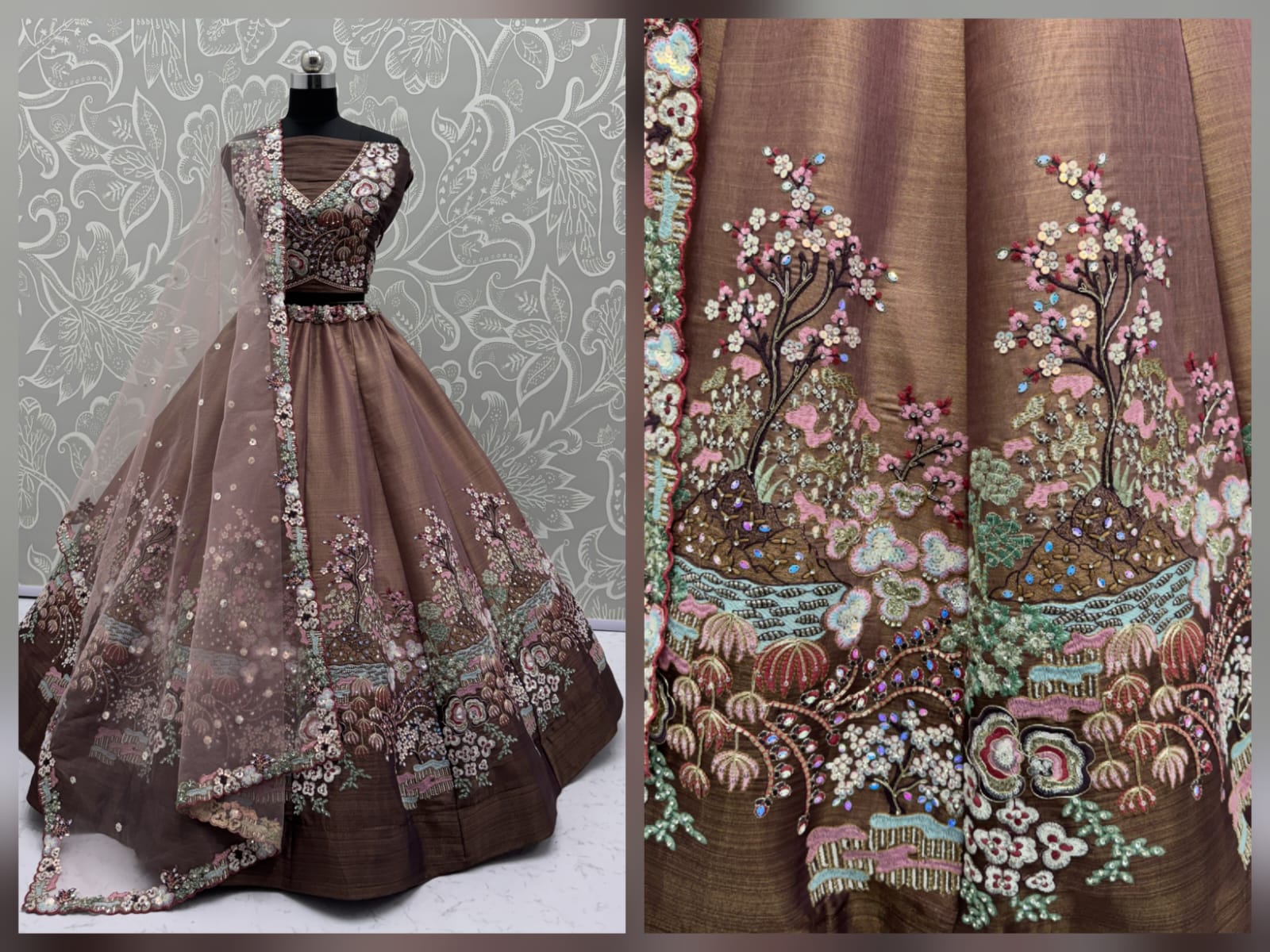 Eye-Catchy Brown Color Range Rainbow Shaded Sequins Work Partywear Lehengacholi 
