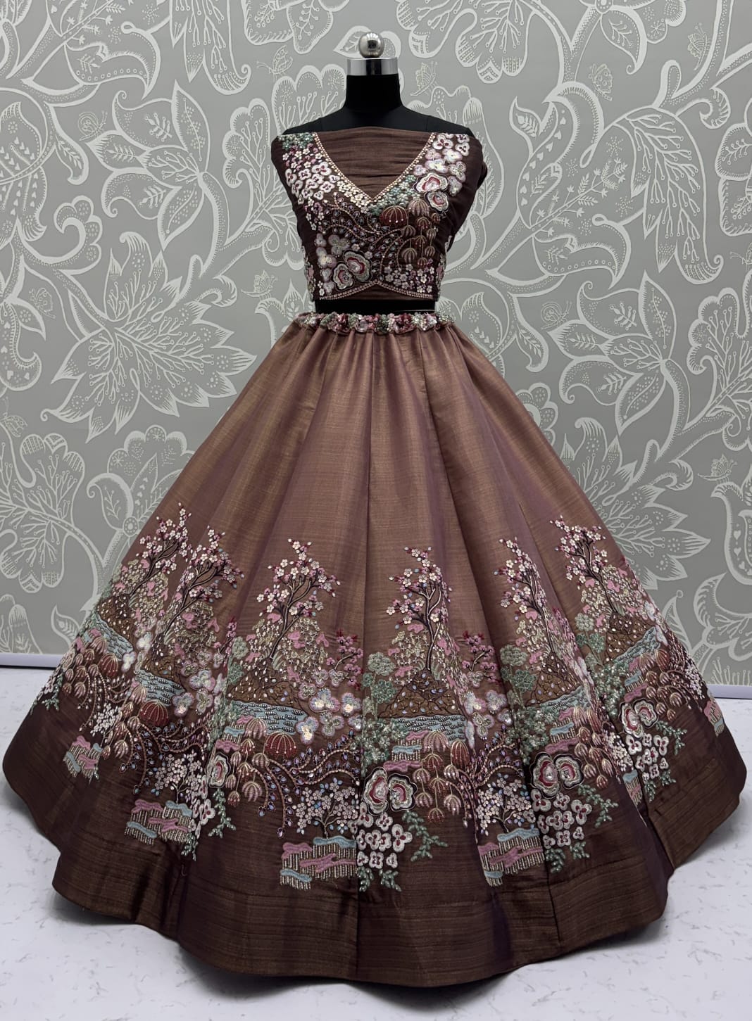 Eye-Catchy Brown Color Range Rainbow Shaded Sequins Work Partywear Lehengacholi 